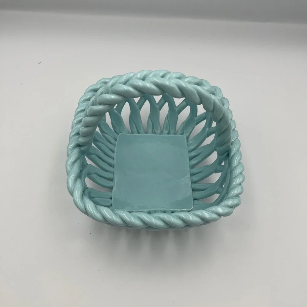 Grace Pantry Blue Ceramic Hand Woven Basket‎ Candy Dish Trinket Bowl